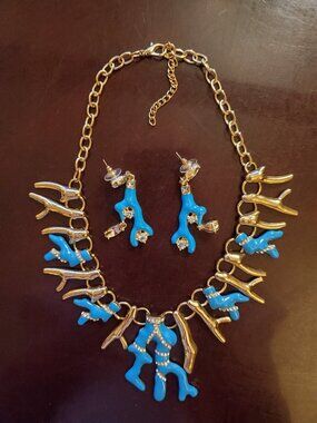 Oscar de la Renta Style Enamel & Crystal Teal Blue Coral Branch Necklace Set